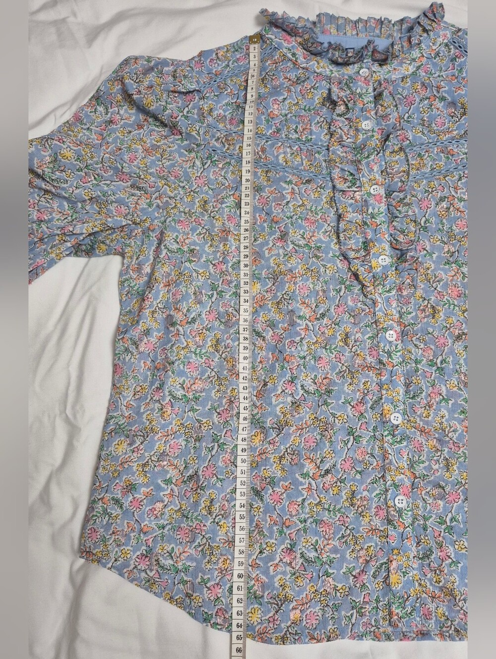 🌸 Democracy Floral Ruffle Button-Front Blouse – Light Blue – Size L - Picture 11 of 13